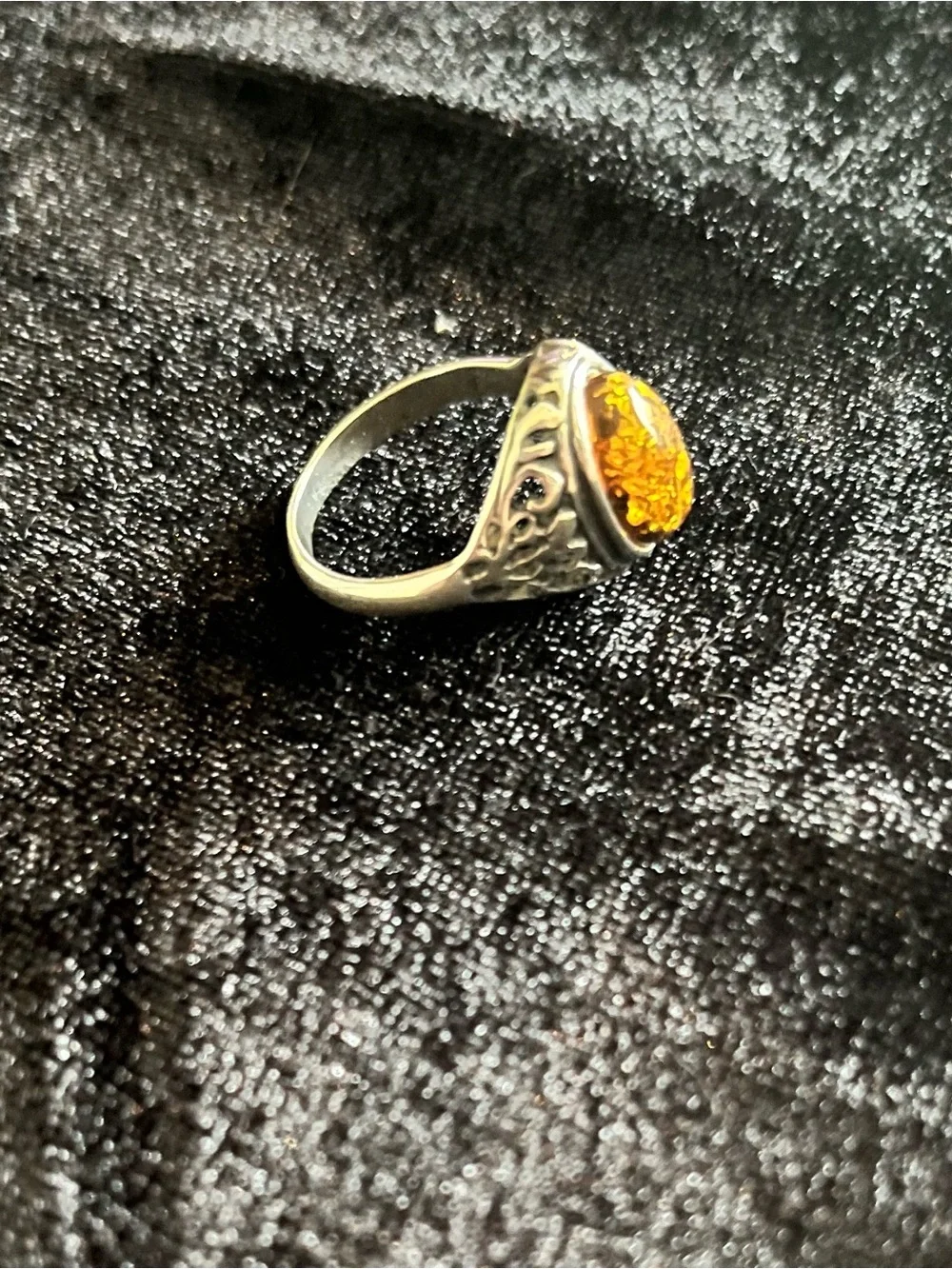 Sterling Silver Amber Ring with Intricate Design, size 7